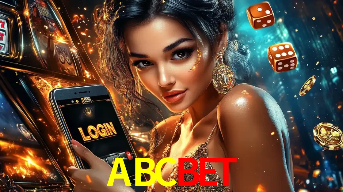 Mulher glamourosa segurando um celular com a tela de login do cassino ABCBET, rodeada por dados e moedas douradas, pronta para começar a diversão.