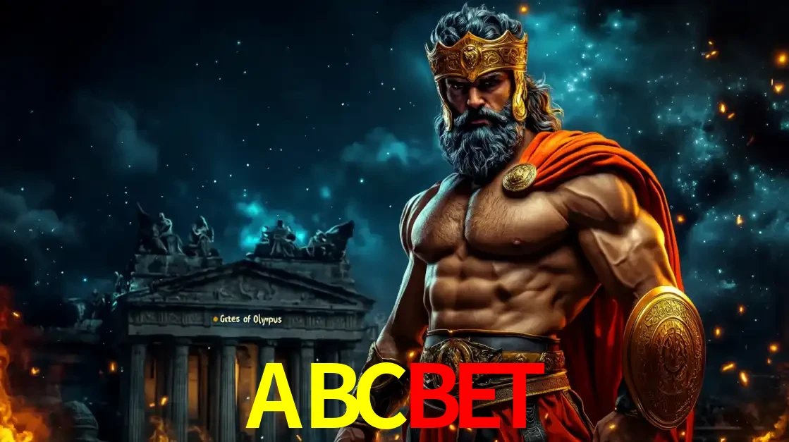 O poderoso Zeus do jogo de slot Gates of Olympus em frente ao seu templo, pronto para lançar multiplicadores divinos e prêmios épicos no cassino online ABCBET.