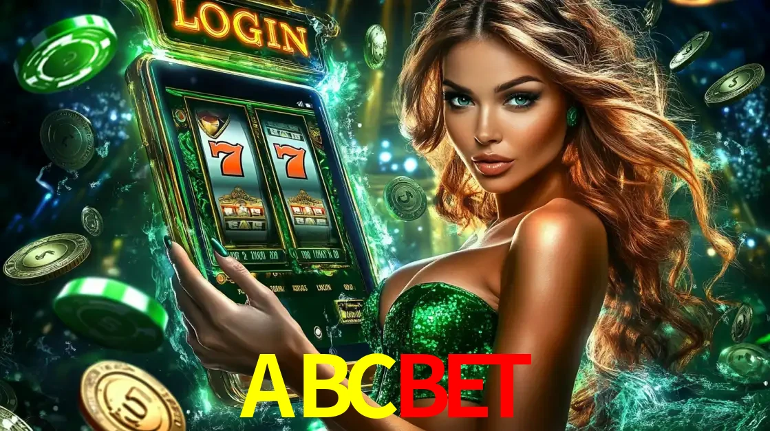 Mulher com tema verde apresentando o aplicativo do cassino ABCBET com um jogo de slot de 777, cercada por fichas de cassino e uma aura de sorte.