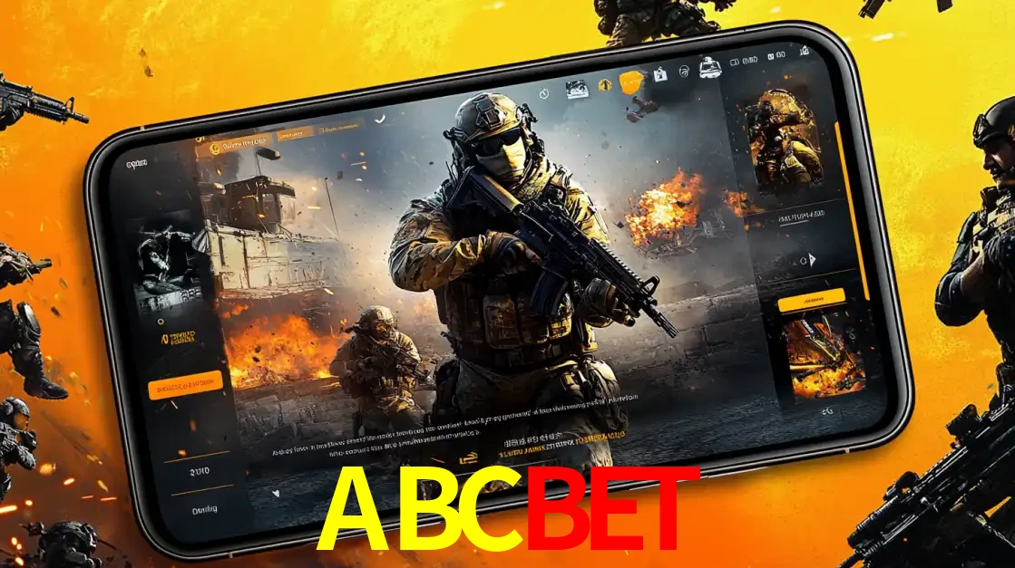 Um smartphone exibindo a interface de um jogo de tiro em primeira pessoa, com um soldado em um cenário de batalha, representando a ação dos e-sports para apostar no ABCBET.