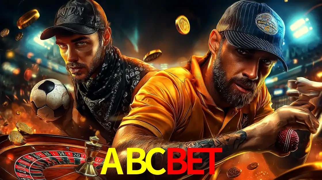 Montagem de apostas esportivas e cassino no ABCBET, com um homem segurando uma bola de futebol e outro uma de beisebol sobre uma roleta e moedas voadoras.