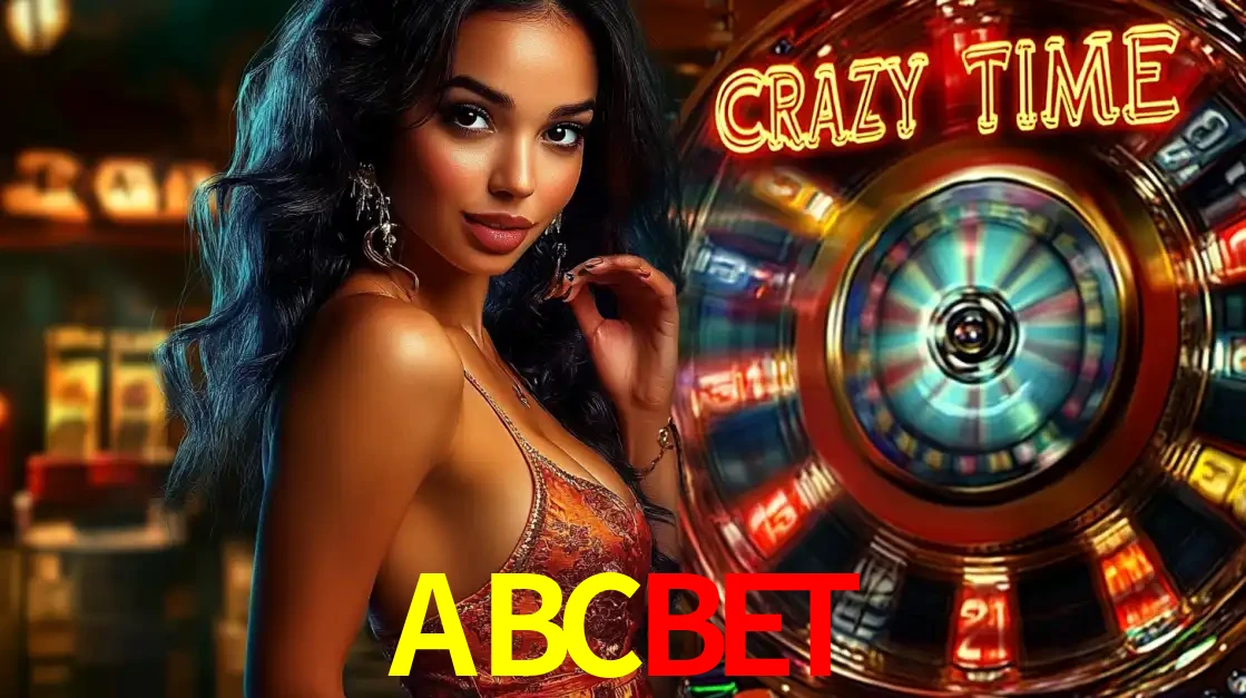 Mulher elegante ao lado da vibrante roda da fortuna do jogo de cassino ao vivo Crazy Time, um dos game shows mais populares e cheios de prêmios do ABCBET.