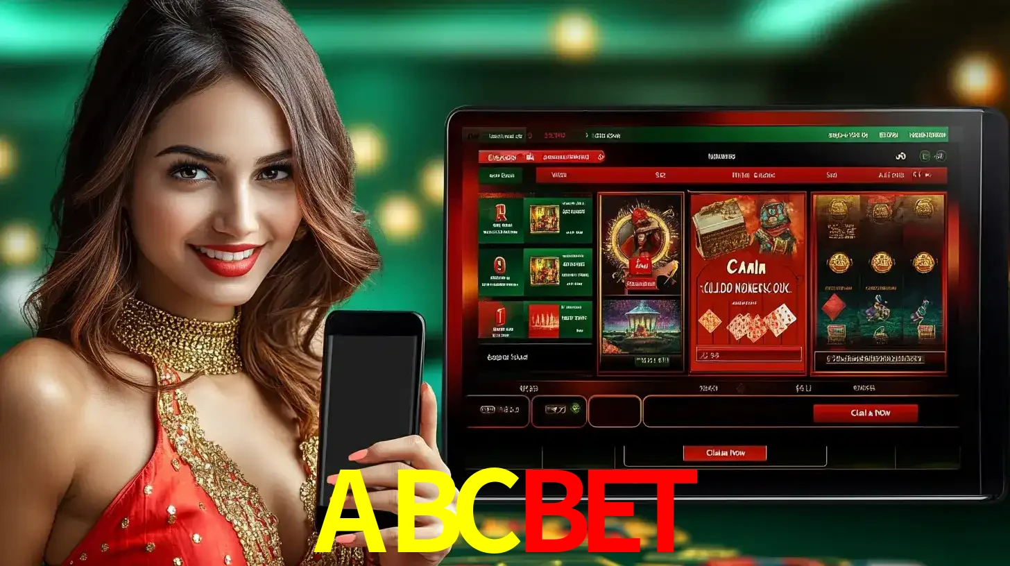 Mulher sorridente segurando um smartphone, ao lado de uma tela exibindo o lobby de jogos do cassino online ABCBET, com várias opções de jogos de cartas e slots.